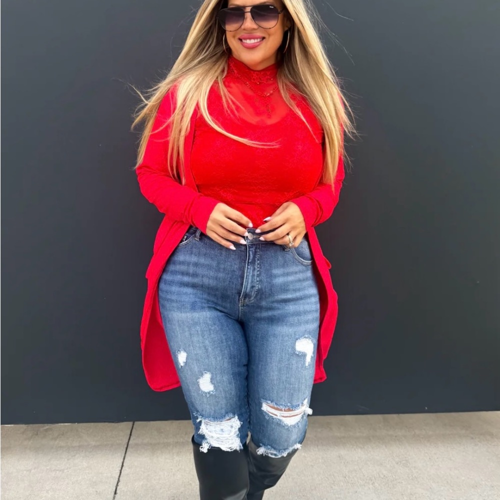 Red knit lightweight ribbed knit duster cardigan with patch pockets NWT